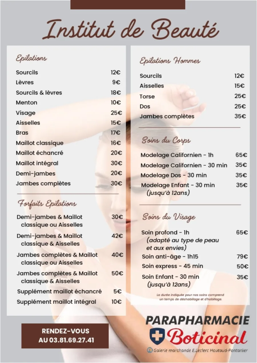 Tarifs de l’institut de beauté